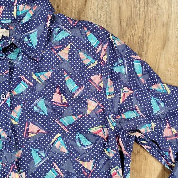 🔺️Talbots Blue Sailboat Print Buttoned Adjustable Long Sleeve Shirt Medium - Picture 5 of 10